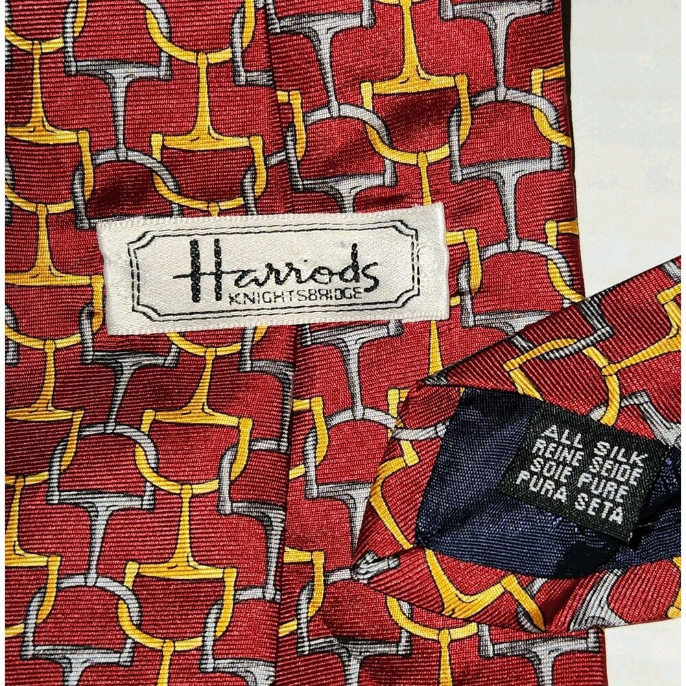 Vtg Harrod’s Knightsbridge 100% Silk Necktie Red Bit & Bridle Old Money Corp